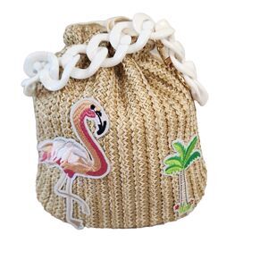Crochet Bag Flamingo Palm Tree Drawstring Purse Natural Tan w White Handle Small